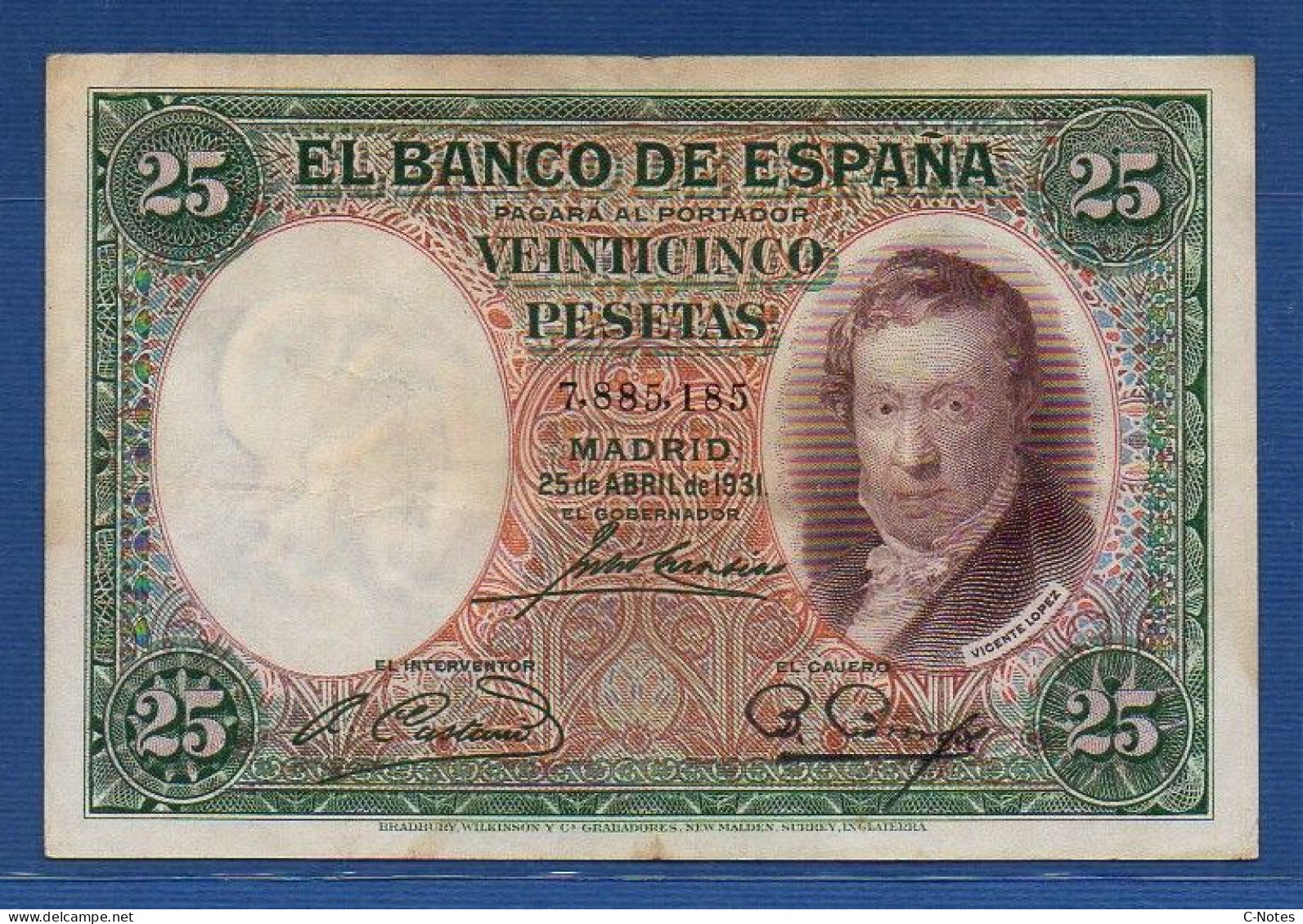 SPAIN - P. 81a – 25 Pesetas 1931 AVF, S/n 7,885,185 - 25 Pesetas