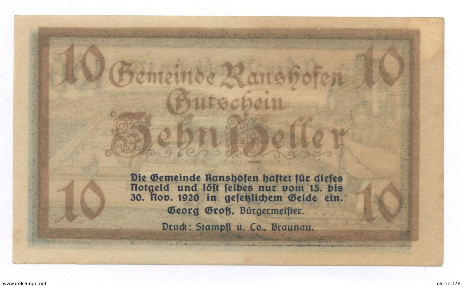 Notgeld Gutschein 10 Heller 1920 Gemeinde Ranshofen - Autriche