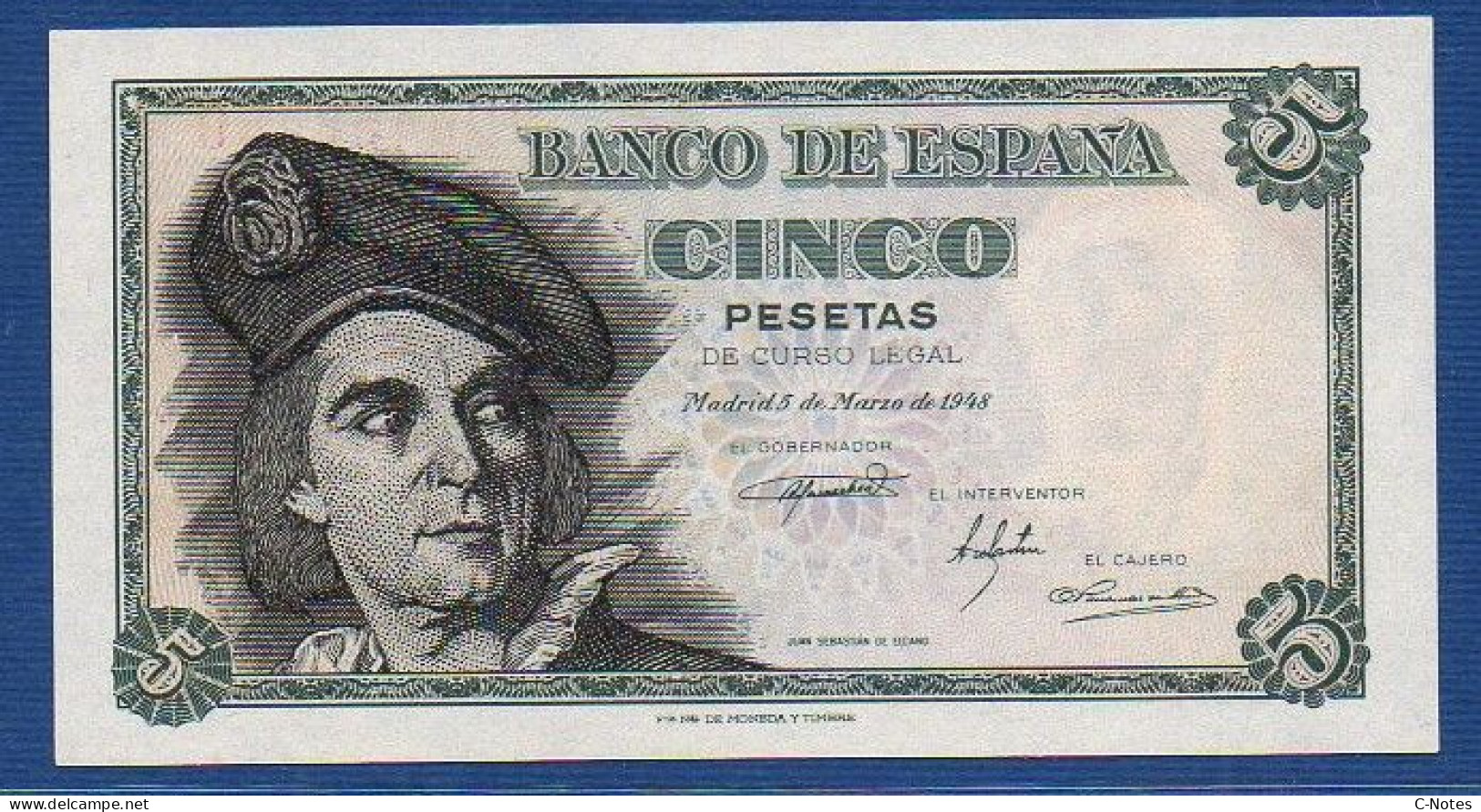 SPAIN - P.136a – 5 Pesetas 1948 UNC, S/n M06458489 - 5 Pesetas