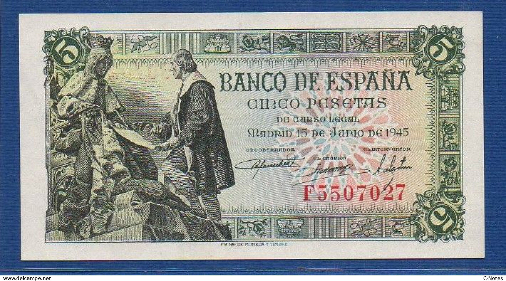 SPAIN - P.129a – 5 Pesetas 1945 UNC, S/n F5507027 - 5 Pesetas