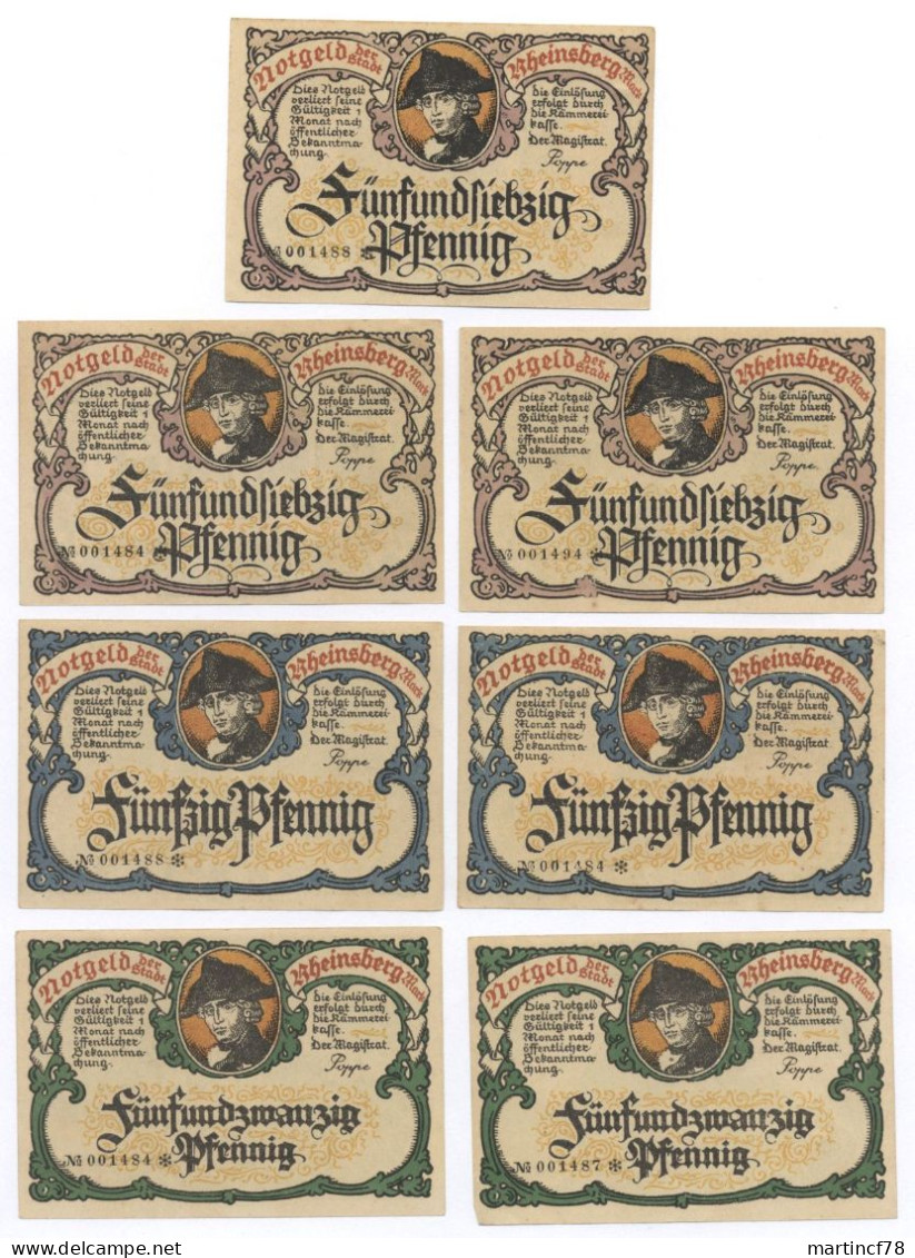 Notgeld Notgeldserie Rheinsberg Mark 2x 25 2x 50 3x 75 Pfennig - Collections