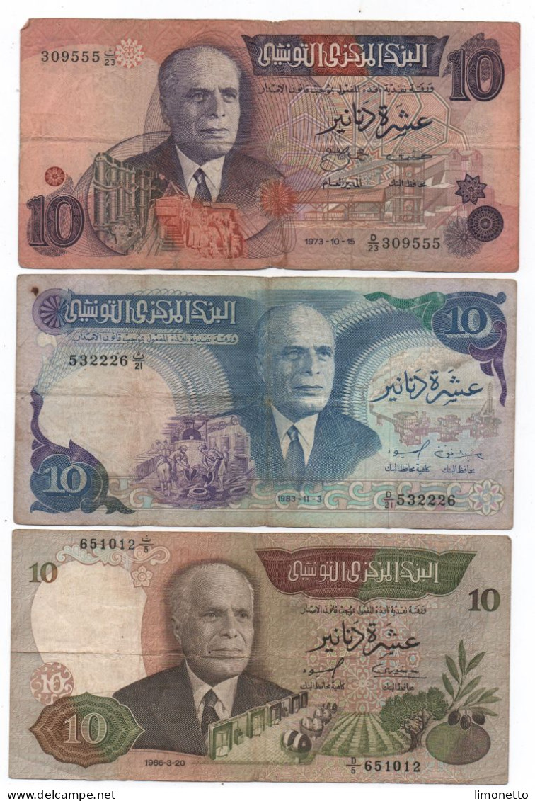 TUNISIE - Lot De 3 Billets De  10  Dinards Différents ( 1973-1983 Et 1986 )  Circulés   Bon état - Tunisie