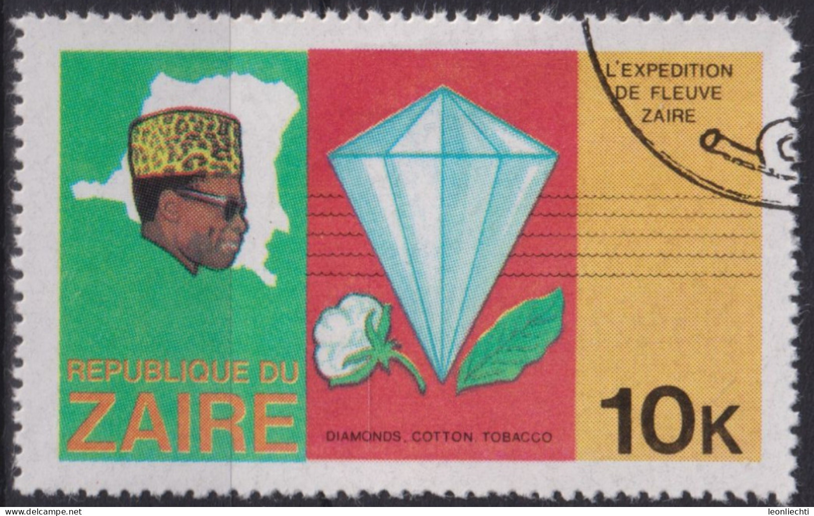 1979 Zaire, Mi:CD 592, Sn:CD 905, Yt:CD 929, Diamant, Baumwolle Und Tabak, Entdeckung Des Flusses Zaire - Gebruikt