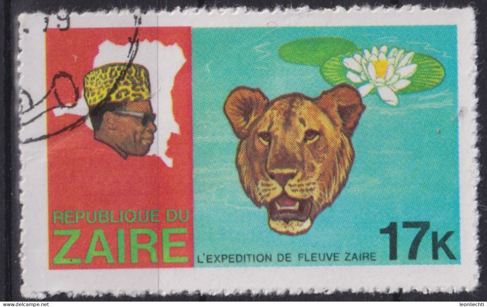 1979 Zaire, Mi:CD 594, Sn:CD 907, Yt:CD 931, Löwe (Panthera Leo), Seerose , Entdeckung Des Flusses Zaire - Usados