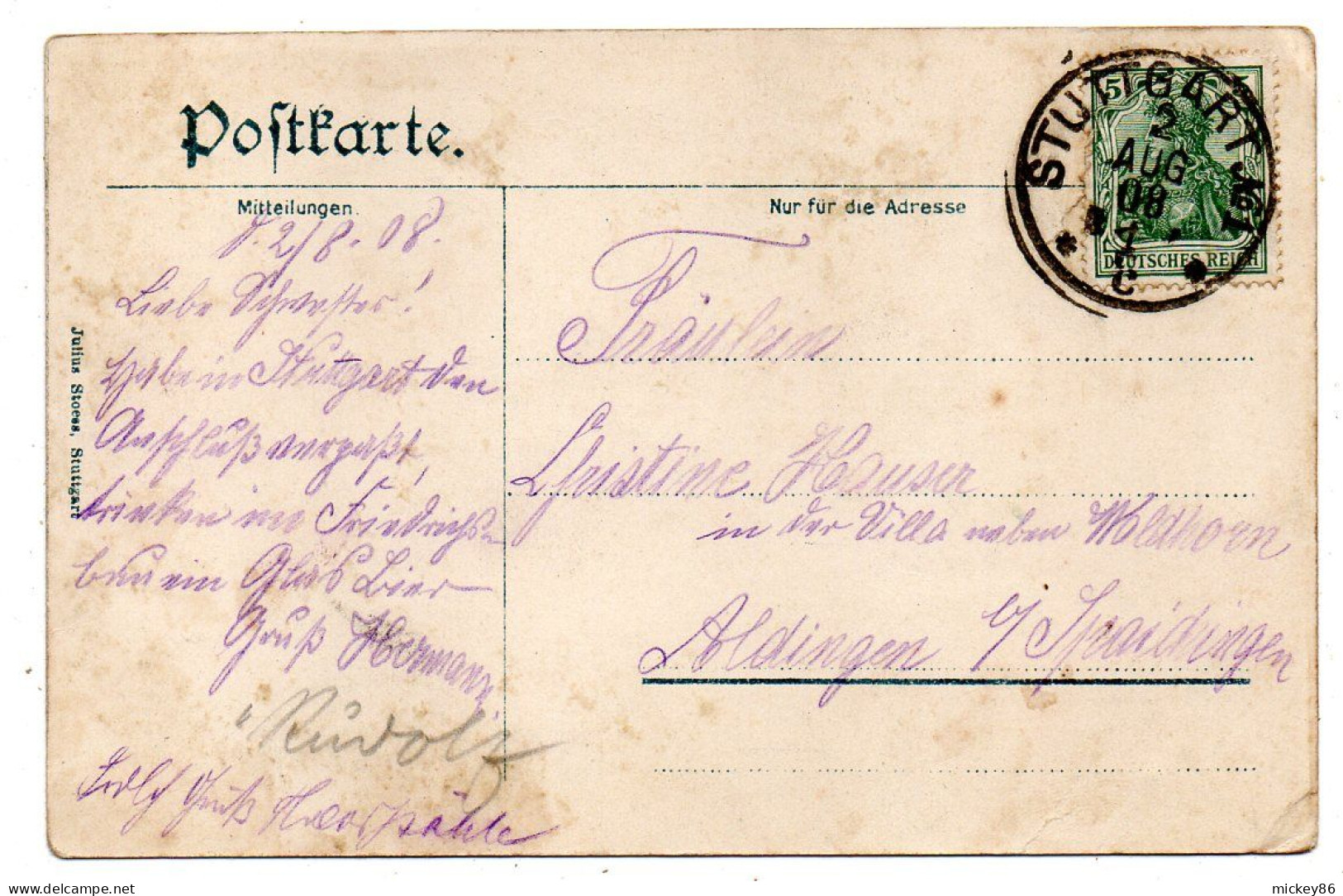 Allemagne--STUTTGART--1908 -- Total........timbre...cachet - Stuttgart