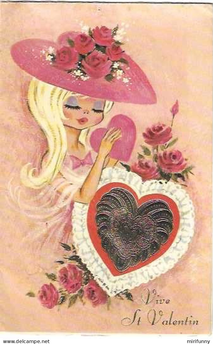 ILLUSTRATION FANTAISIE/JEUNE FILLE BLONDE/CHAPEAU/ROSES/COEUR EN RELIEF DORE/VIVE ST VALENTIN/CP DOUBLE - Saint-Valentin