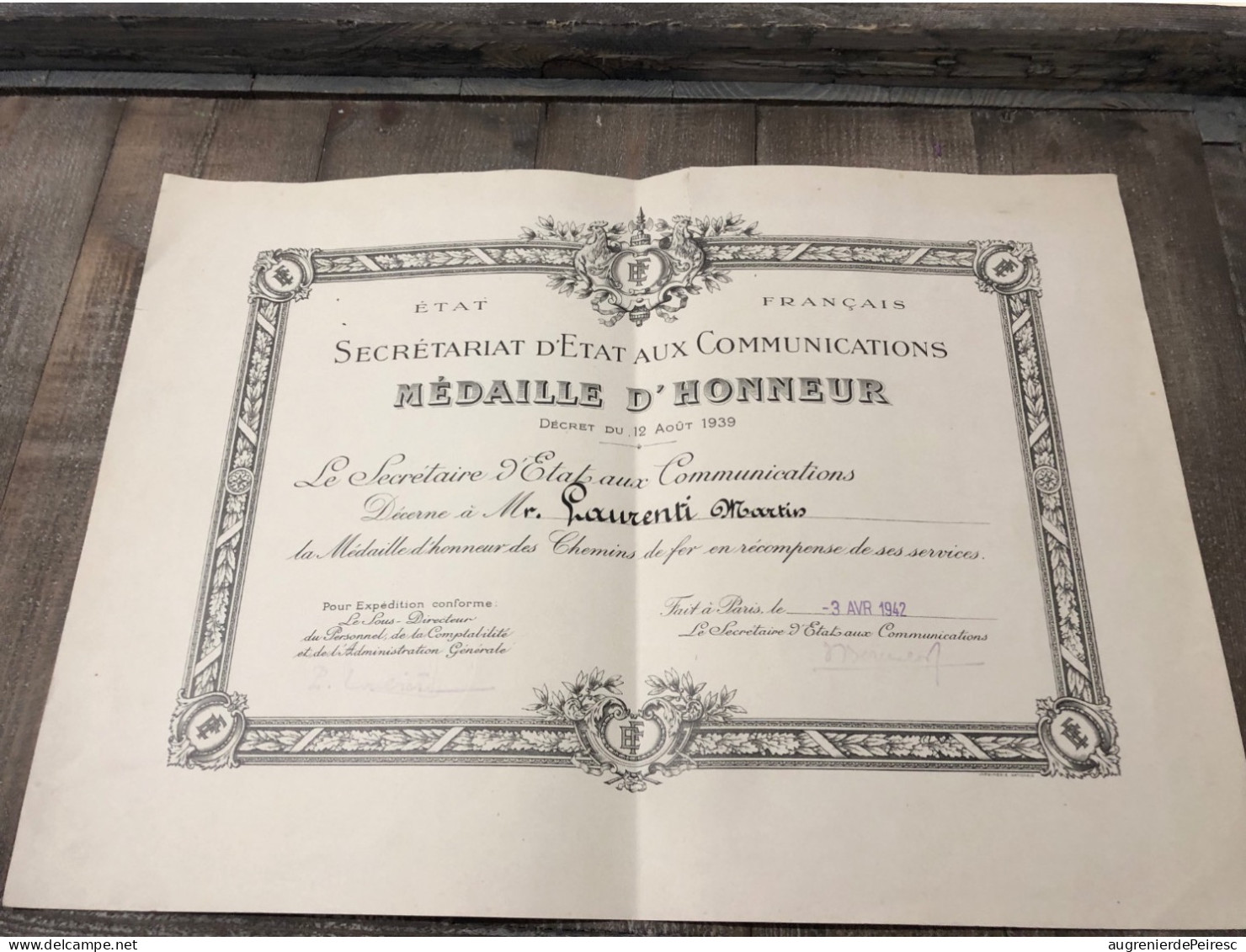 Brevet Médaille D’honneur Des Chemins De Fer État Français 1942 - France