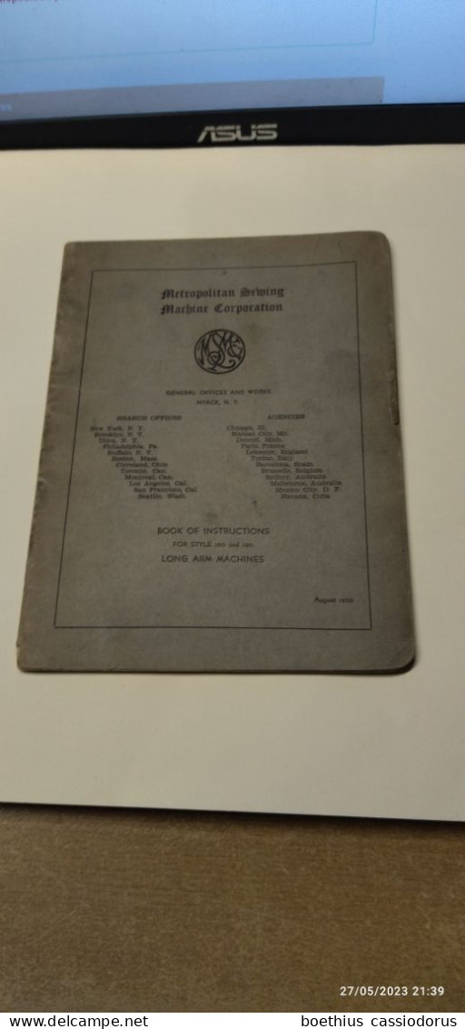 METROPOLITAN SEWING MACHINE CORPORATION BOOK OF INSTRUCTIONS FOR STYLE 180 AND 190 LONG ARM MACHINES - USA
