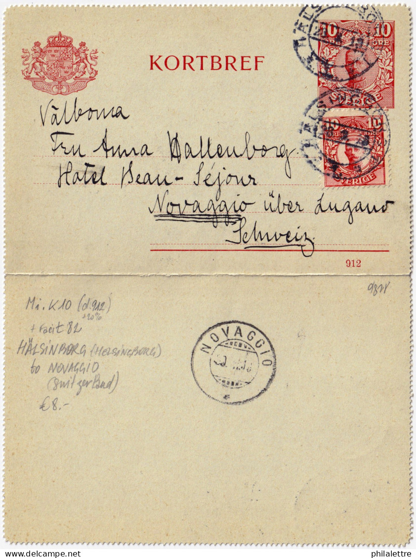 SUÈDE / SWEDEN - 1913 - Letter-Card Mi.K10 10ö Red (d.912) Uprated Facit 82 Used From HELSINGBORG To SWITZERLAND - Postal Stationery