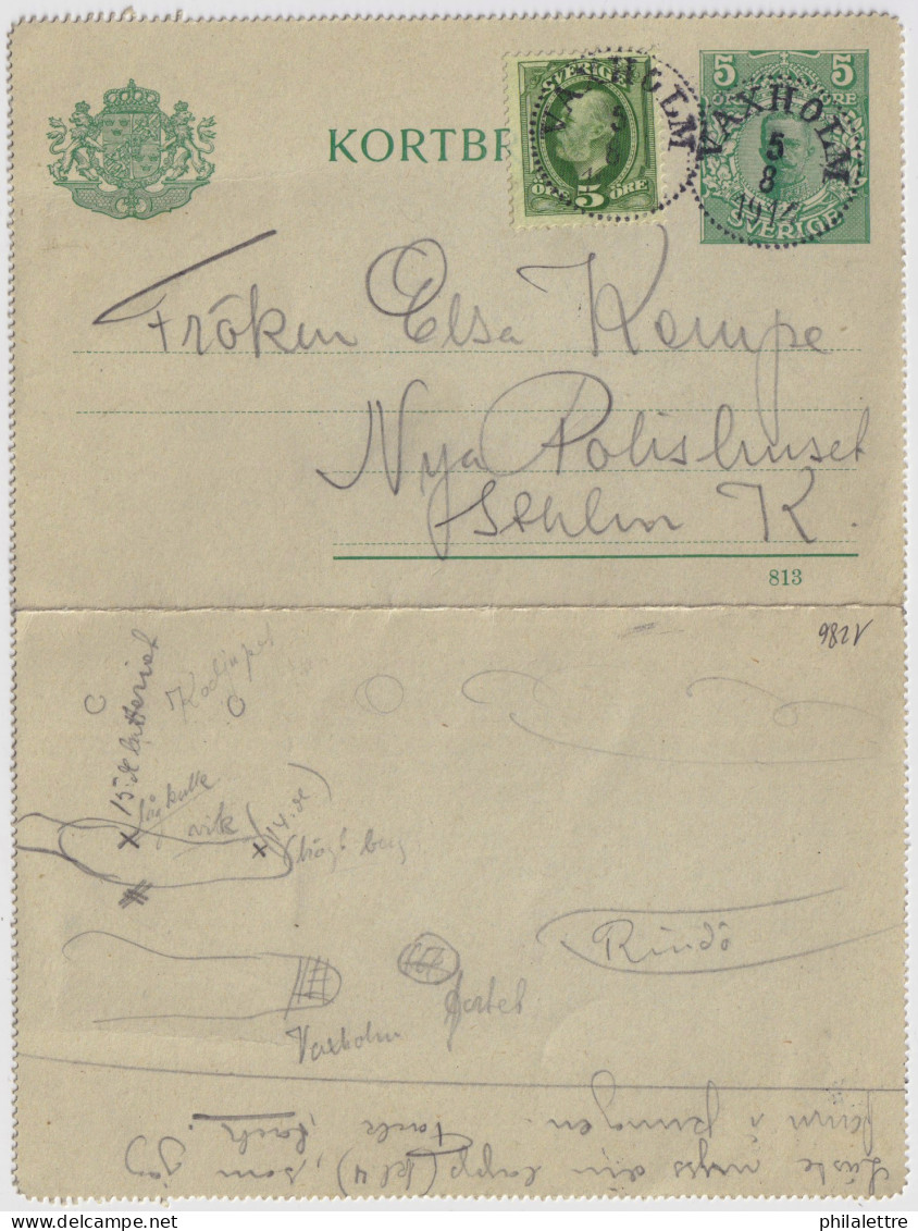 SUÈDE / SWEDEN - 1914 - Letter-Card Mi.K9 5ö Green (d.813) Uprated Facit 52 Used "VAXHOLM" Cds To Stockholm - Postal Stationery