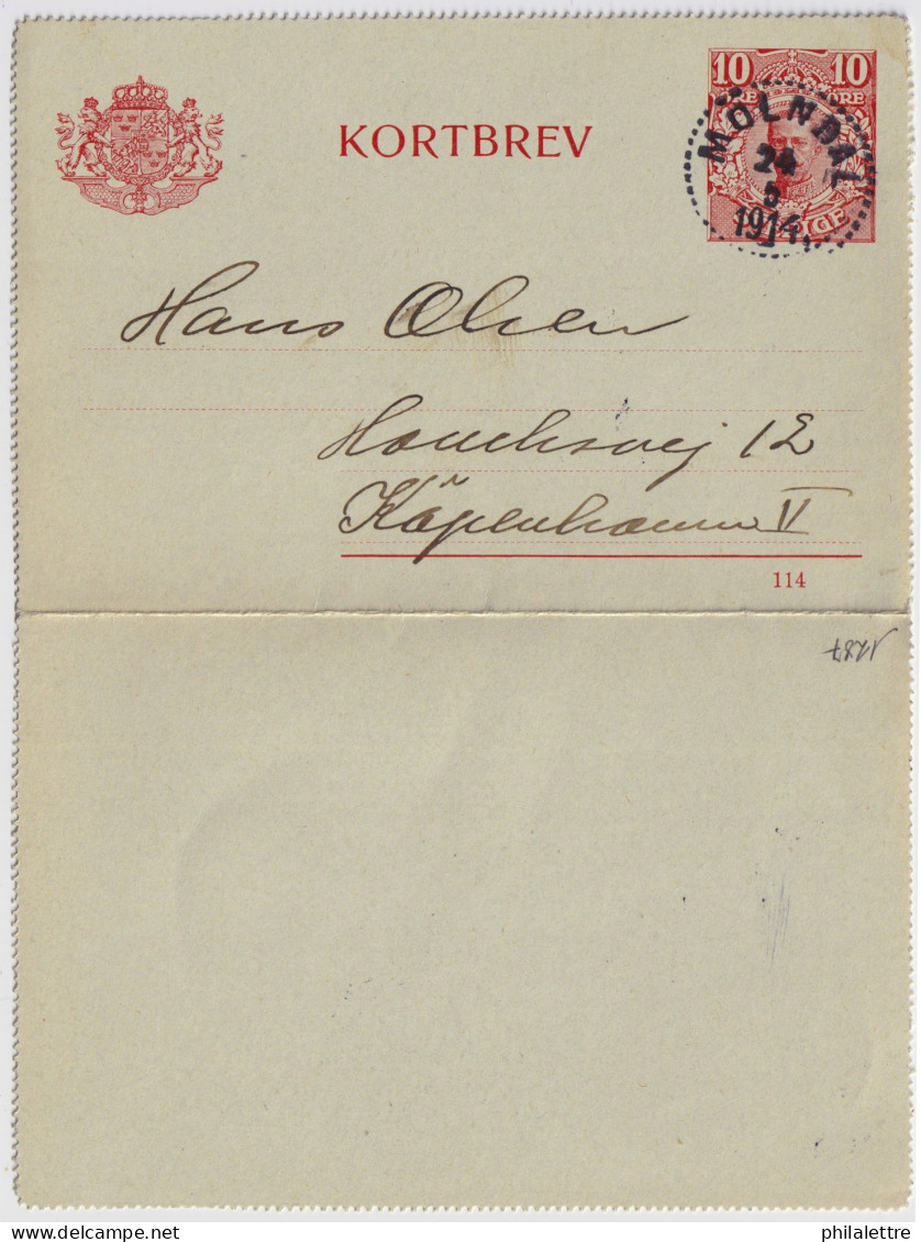 SUÈDE / SWEDEN - 1914 - Letter-Card Mi.K13 10ö Red (d.114 - 1st Printing) Used MÖLNDAL To COPENHAGEN, Denmark - Postal Stationery