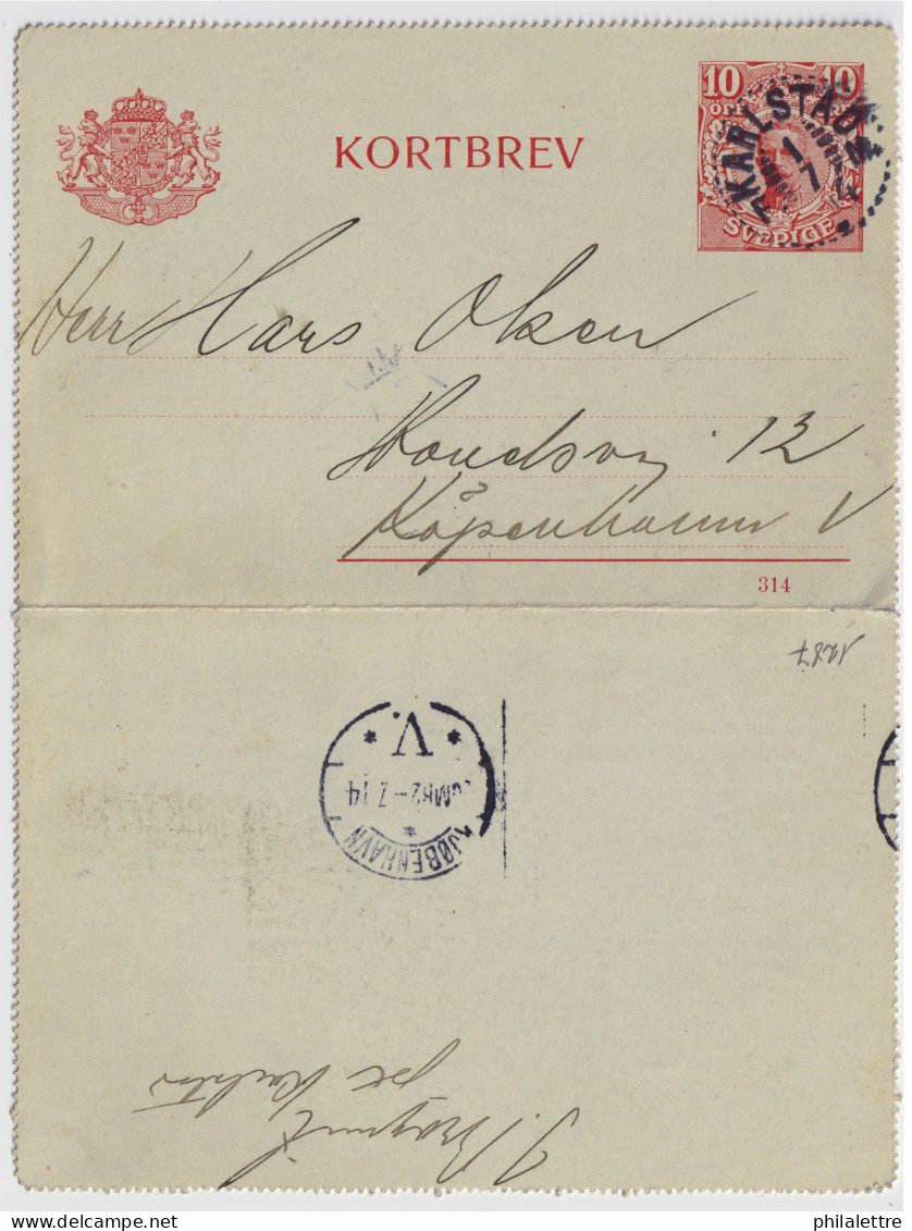 SUÈDE / SWEDEN - 1914 - Letter-Card Mi.K13 10ö Red (d.314) Used KARLSTAD To Copenhagen, Denmark - Entiers Postaux