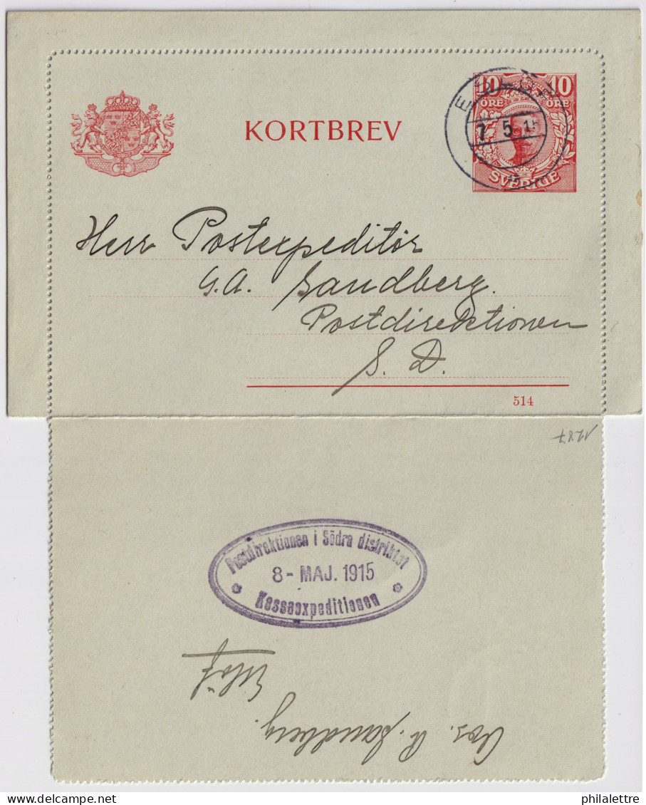 SUÈDE / SWEDEN - 1915 - Letter-Card Mi.K13 10ö Red (d.514) Used ESLÖF To Stockholm, Southern (Södra) District - Ganzsachen