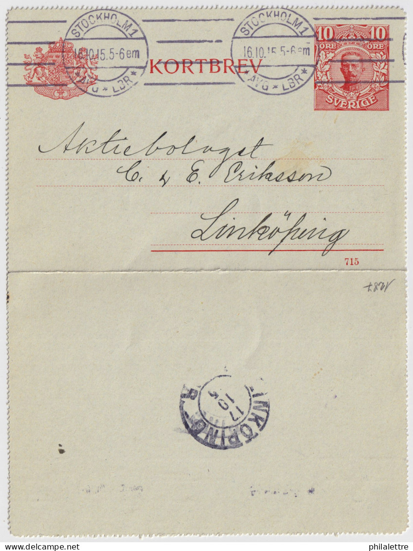 SUÈDE / SWEDEN - 1915 - Letter-Card Mi.K13 10ö Red (d.715) Used Stockholm To Linköping - Ganzsachen