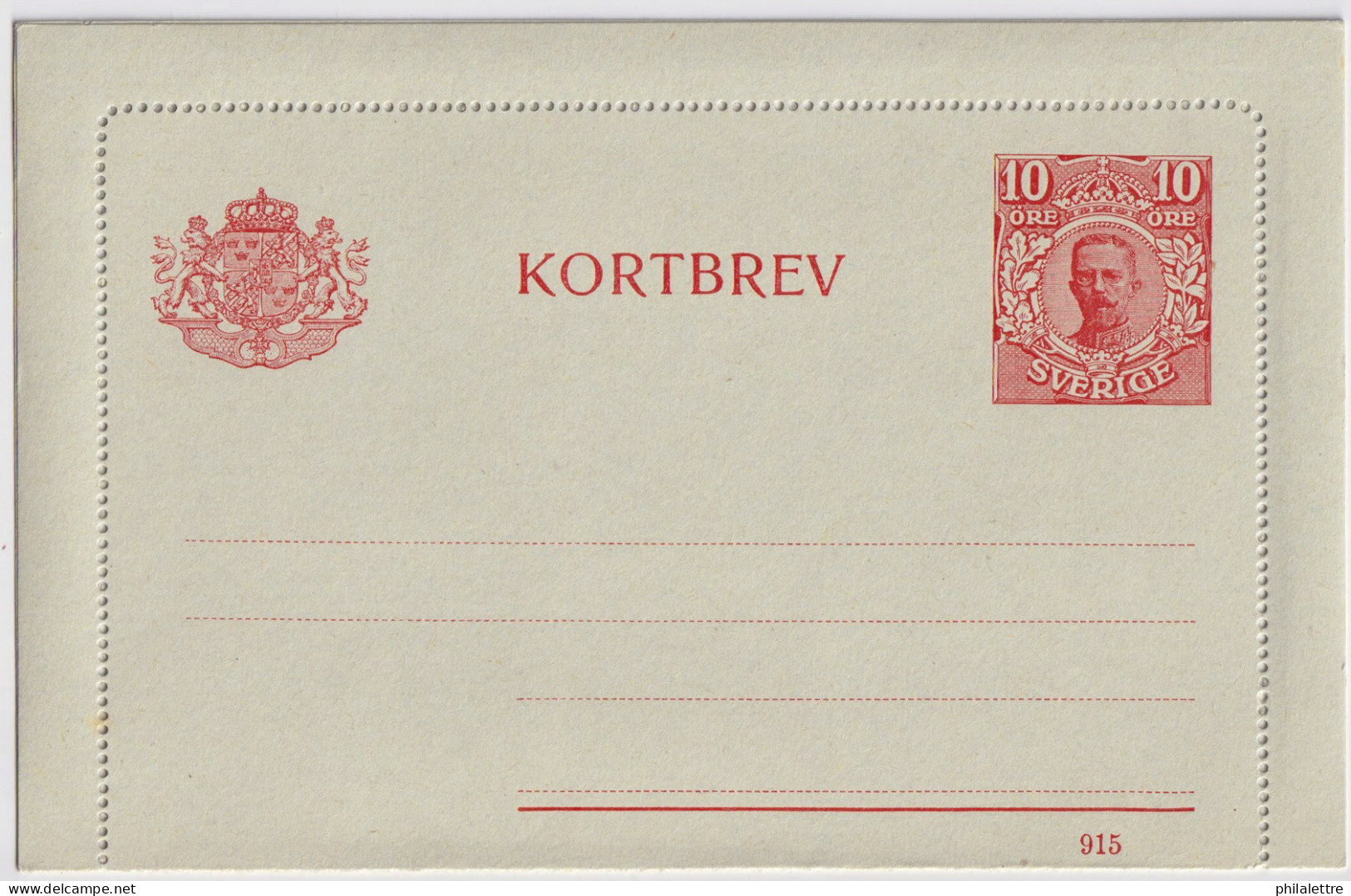 SUÈDE / SWEDEN - 1915 - Letter-Card Mi.K13 10ö Red (d.915) Unused - Very Fine - Postwaardestukken