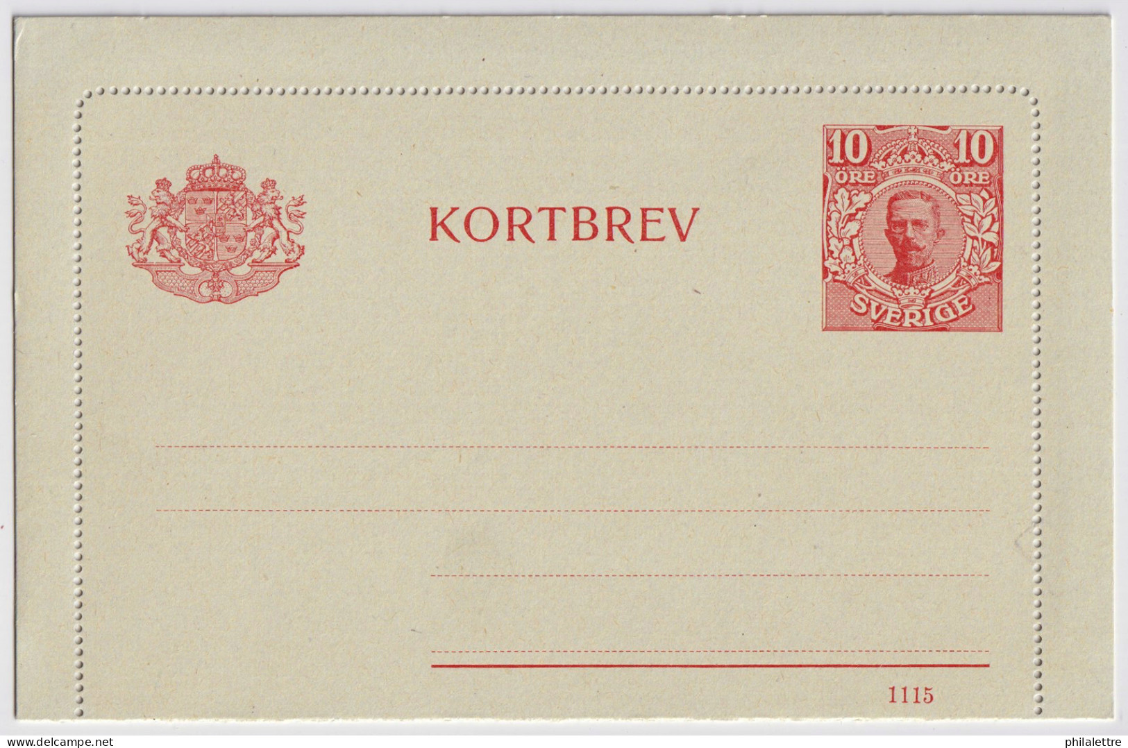 SUÈDE / SWEDEN - 1915 - Letter-Card Mi.K13 10ö Red (d.1115) Unused - Very Fine - Postal Stationery