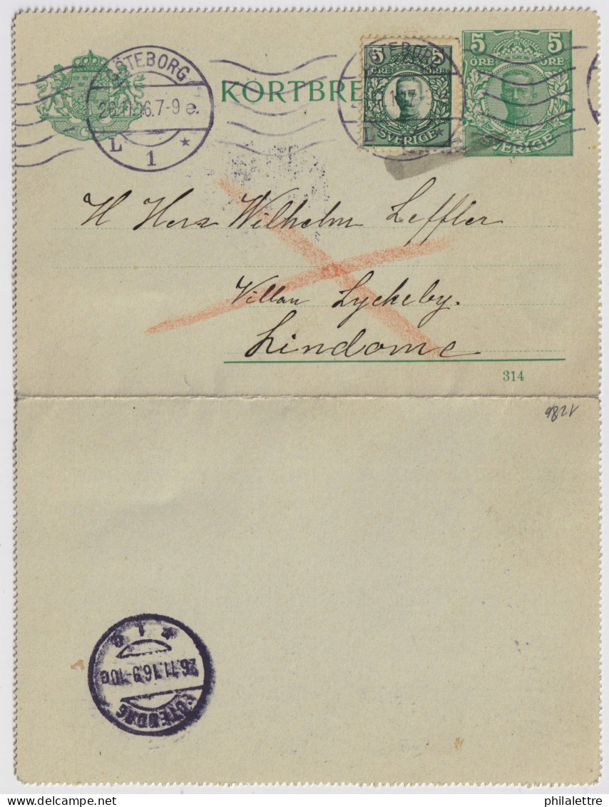 SUÈDE / SWEDEN - 1916 - Letter-Card Mi.K11 5ö Green (d.314) Uprated Facit 79 Used "GÖTEBORG"  To LINDOME - Postwaardestukken