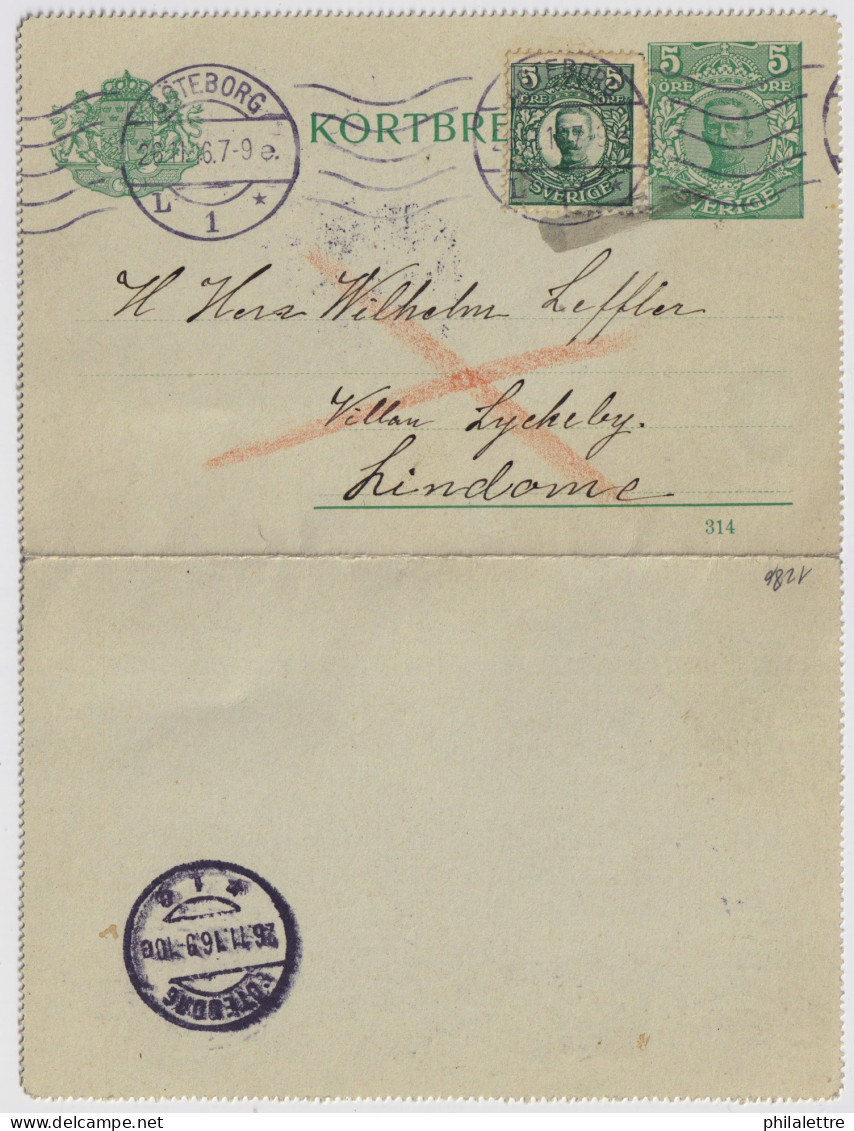 SUÈDE / SWEDEN - 1916 - Letter-Card Mi.K11 5ö Green (d.314) Uprated Facit 79 Used "GÖTEBORG"  To LINDOME - Postal Stationery