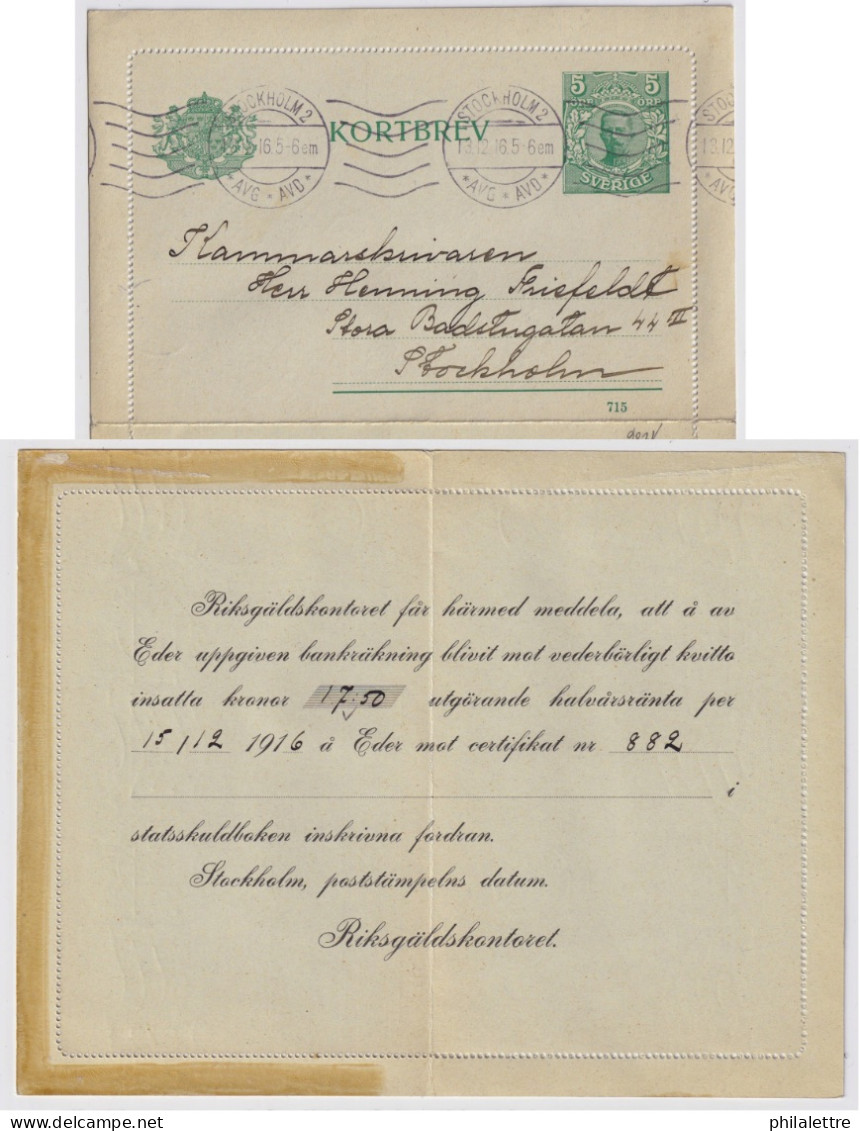 SUÈDE / SWEDEN - 1916 - Letter-Card Mi.K11 5ö Green (d.715) Used Locally In Stockholm - Reprinted - Entiers Postaux