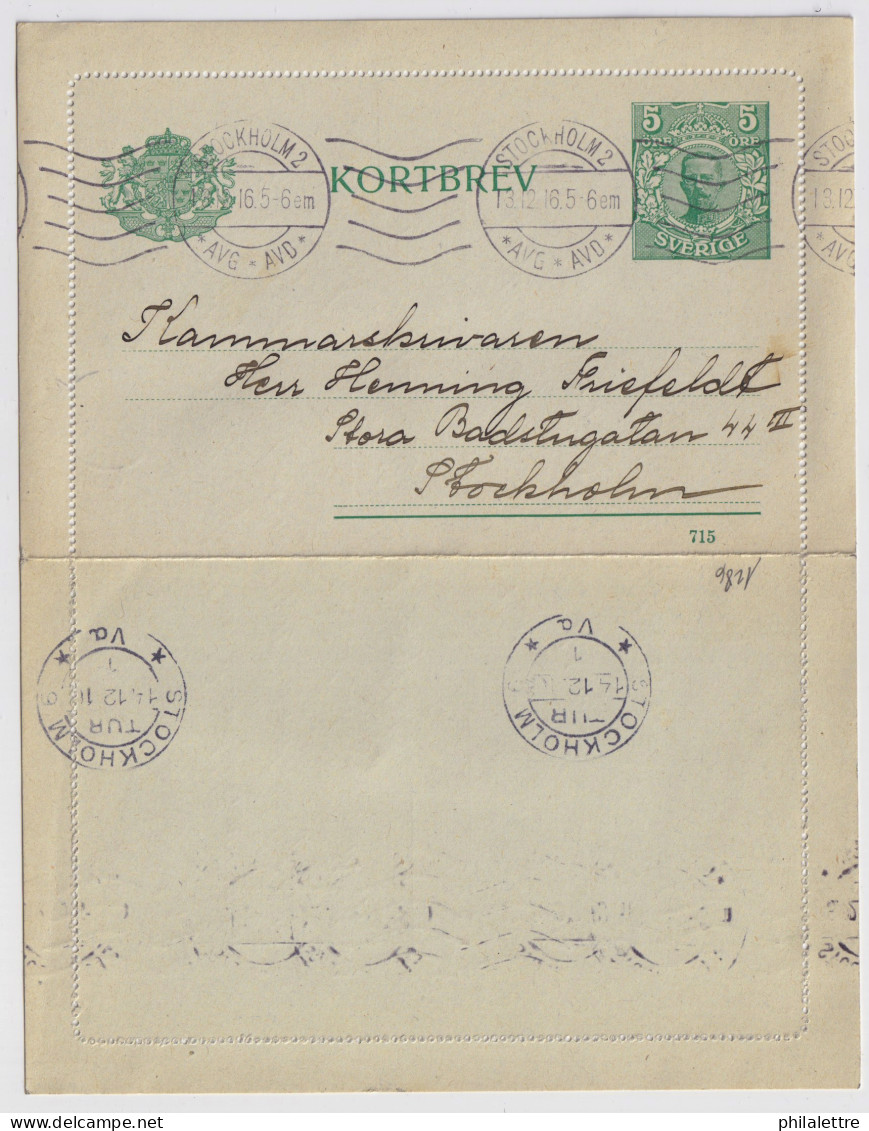 SUÈDE / SWEDEN - 1916 - Letter-Card Mi.K11 5ö Green (d.715) Used Locally In Stockholm - Reprinted - Entiers Postaux