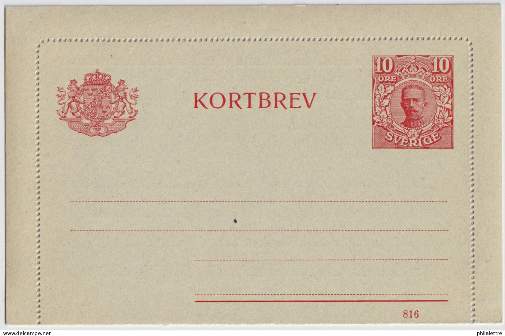 SUÈDE / SWEDEN - 1916 - Letter-Card Mi.K13 10ö Red (d.316) Unused - Very Fine - Ganzsachen