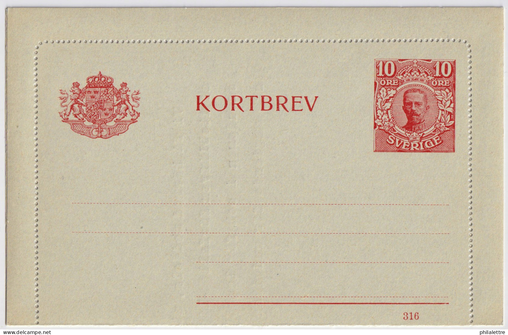 SUÈDE / SWEDEN - 1916 - Letter-Card Mi.K13 10ö Red (d.316) Unused - Re-Printed - Very Fine - Postal Stationery