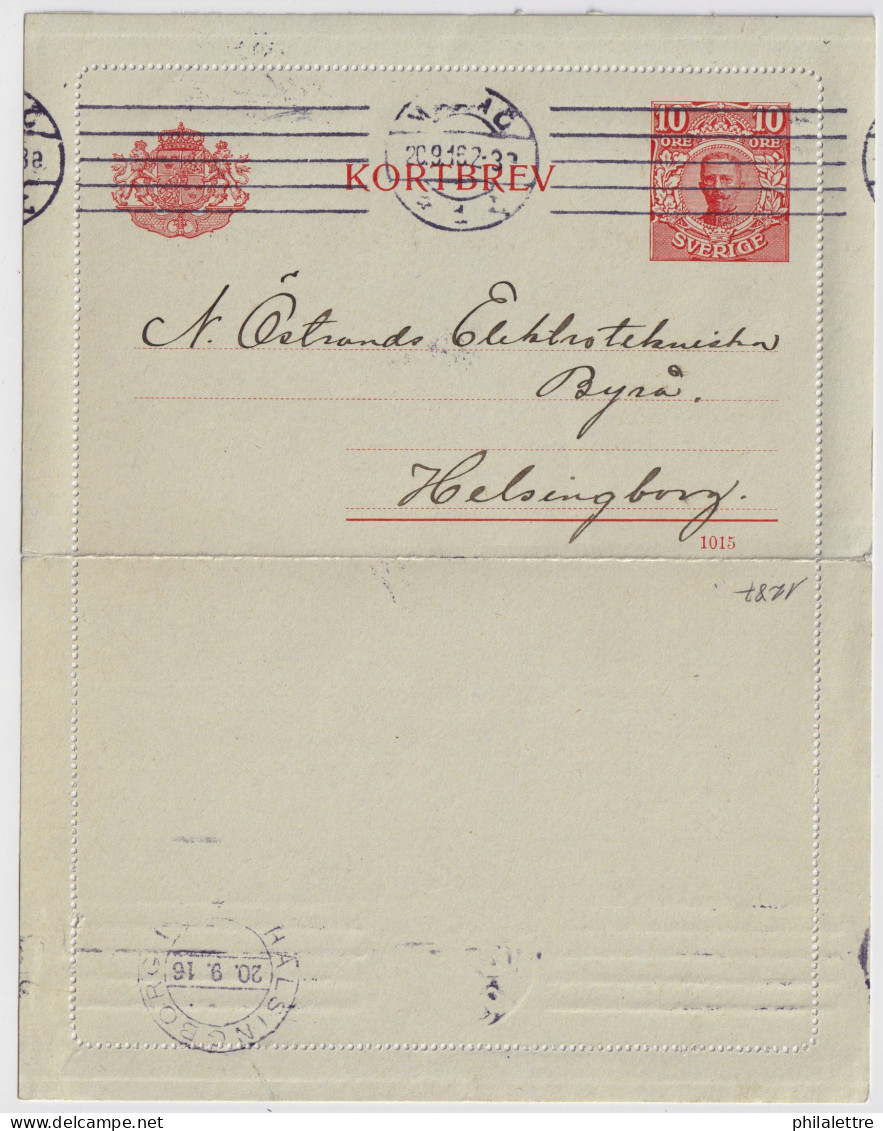 SUÈDE / SWEDEN - 1916 - Letter-Card Mi.K13 10ö Red (d.1015) Used MALMÖ To HELSINGBORG - Entiers Postaux