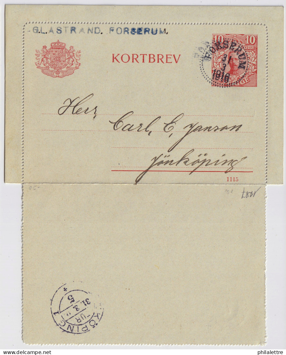 SUÈDE / SWEDEN - 1916 - Letter-Card Mi.K13 10ö Red (d.1115) Used FORSERUM To JÖNKÖPING - Postwaardestukken