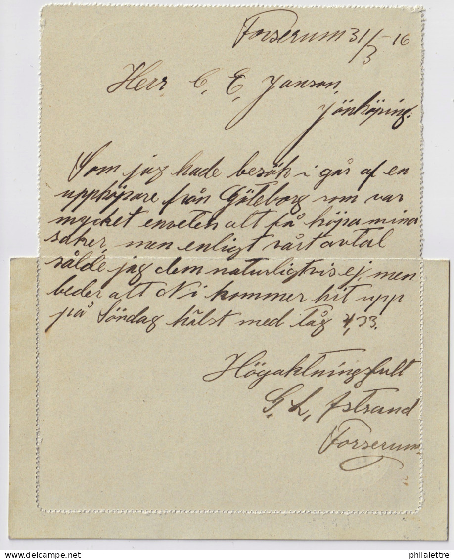 SUÈDE / SWEDEN - 1916 - Letter-Card Mi.K13 10ö Red (d.1115) Used FORSERUM To JÖNKÖPING - Entiers Postaux
