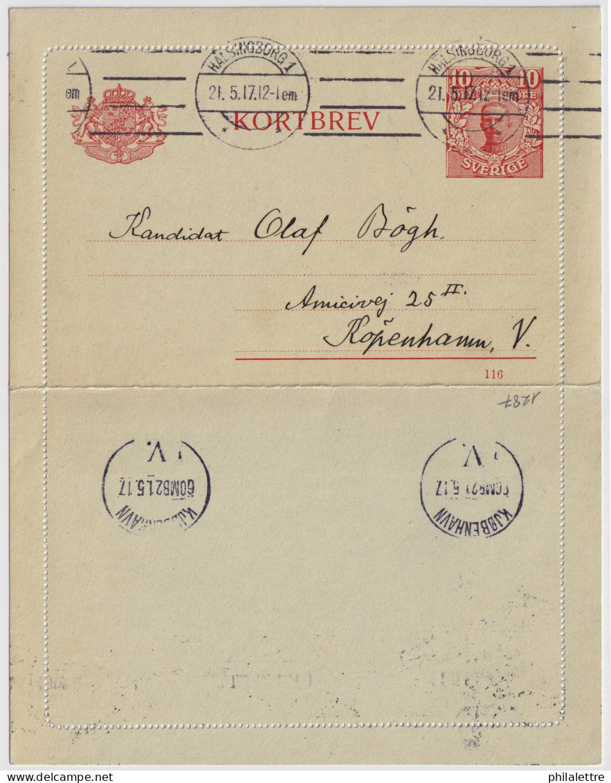 SUÈDE / SWEDEN - 1917 - Letter-Card Mi.K13 10ö Red (d.116) Used From HELSINGBORG To COPENHAGEN, Denmark - Postal Stationery