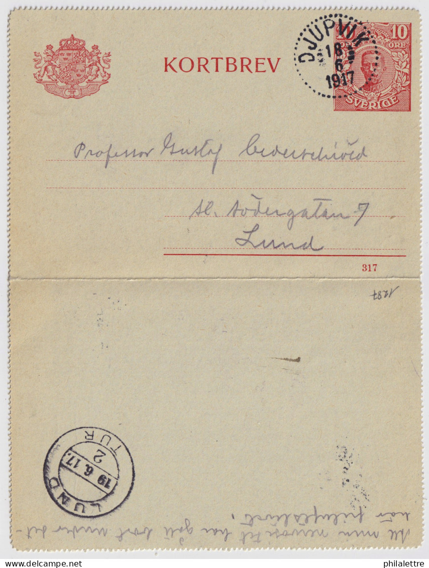 SUÈDE / SWEDEN - 1917 - Letter-Card Mi.K13 10ö Red (d.317) Used DJUPVIK To LUND - Postal Stationery