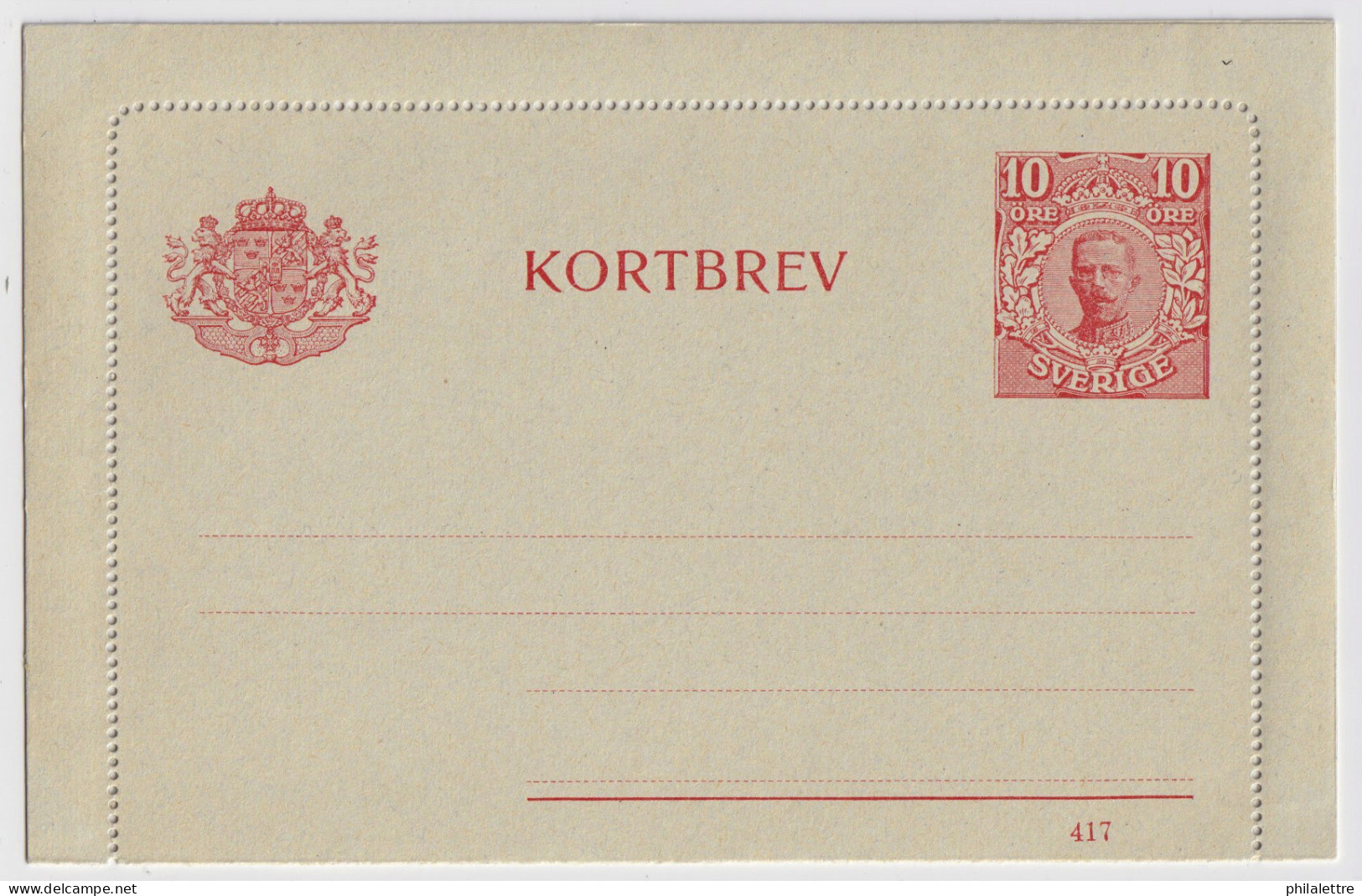 SUÈDE / SWEDEN - 1917 - Letter-Card Mi.K13 10ö Red (d.417) Unused - Very Fine - Ganzsachen