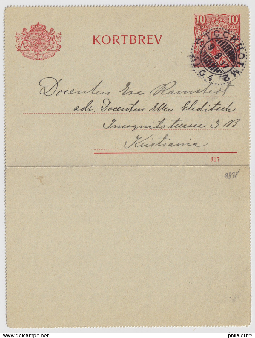 SUÈDE / SWEDEN - 1917 - Letter-Card Mi.K13 10ö Red (d.317) Used STOCKHOLM To OSLO (Kristiania), Norway - Ganzsachen