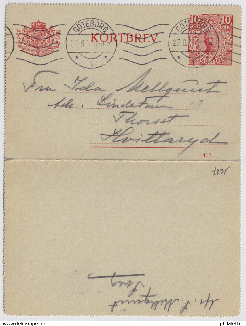 SUÈDE / SWEDEN - 1917 - Letter-Card Mi.K13 10ö Red (d.417) Used GÖTEBORG To HVITTARYD - Ganzsachen