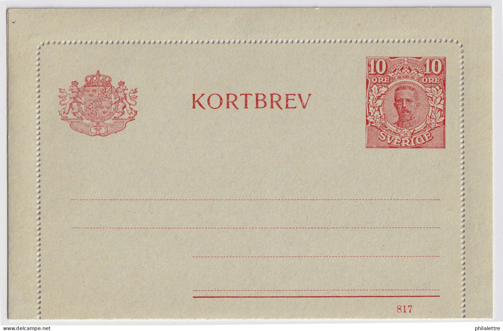 SUÈDE / SWEDEN - 1917 - Letter-Card Mi.K13 10ö Red (d.817) Unused - Very Fine - Entiers Postaux