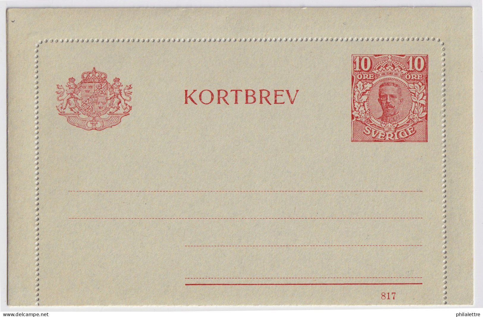 SUÈDE / SWEDEN - 1917 - Letter-Card Mi.K13 10ö Red (d.817) Unused - Very Fine - Postal Stationery
