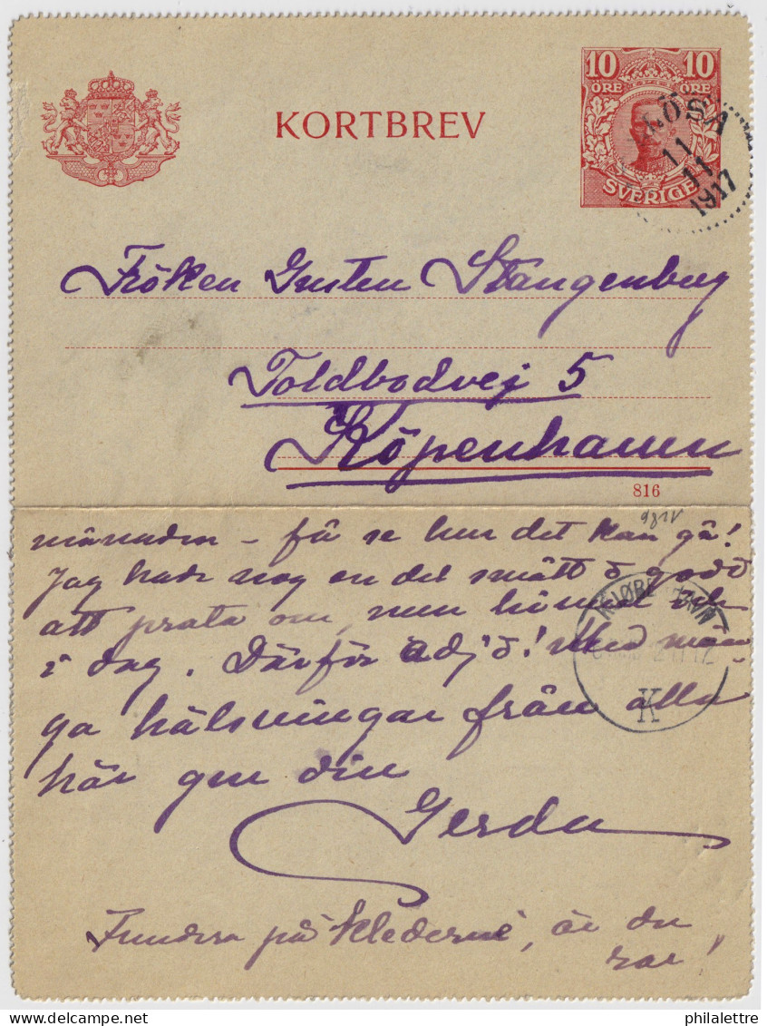 SUÈDE / SWEDEN - 1917 - Letter-Card Mi.K13 10ö Red (d.816) Used From MELLÖSA To COPENHAGEN, Denmark - Interi Postali