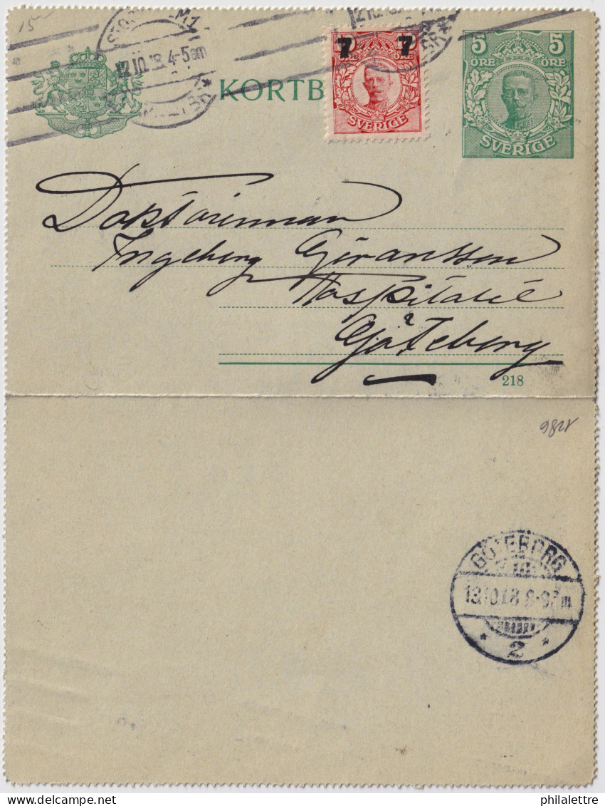 SUÈDE / SWEDEN - 1918 - Letter-Card Mi.K11 5ö Green (d.218) Uprated Facit 99 Used From STOCKHOLM To GÖTEBORG - Postal Stationery