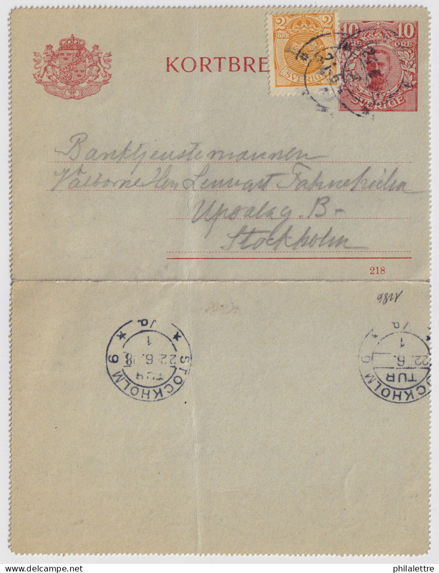 SUÈDE / SWEDEN - 1918 - Letter-Card Mi.K13 10ö Red (d.218) Uprated Facit 72 - Used  To STOCKHOLM - Interi Postali