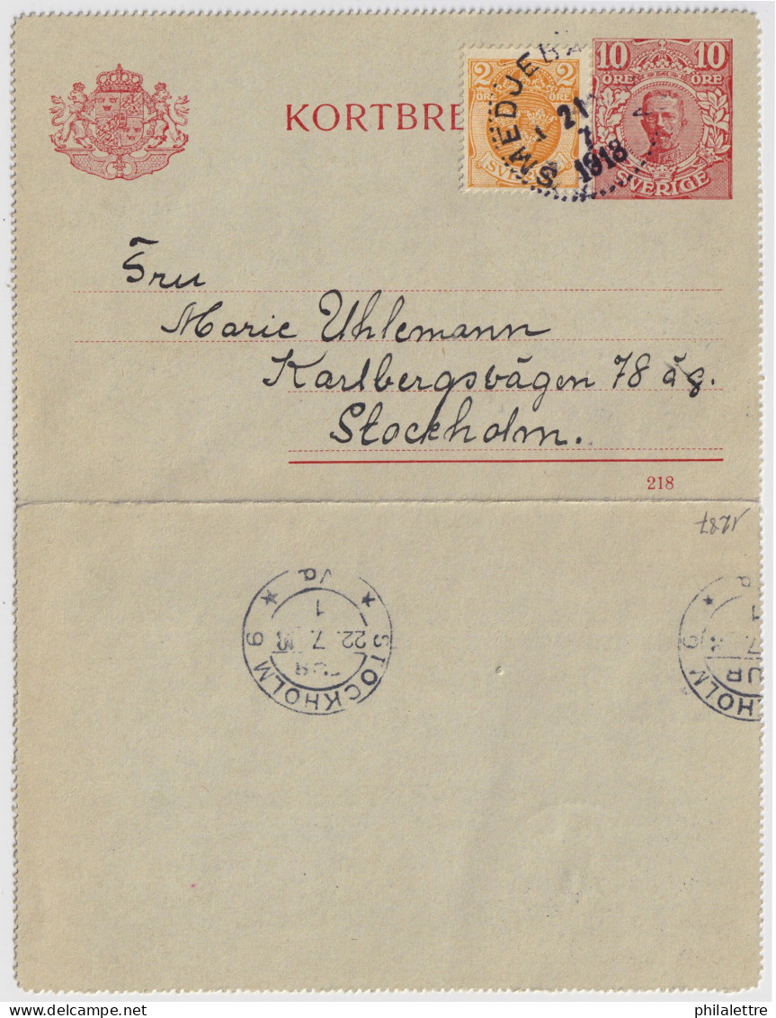 SUÈDE / SWEDEN - 1918 - Letter-Card Mi.K13 10ö Red (d.218) Uprated Facit 72 - Used SMEDJEBACKEN To STOCKHOLM - Postal Stationery