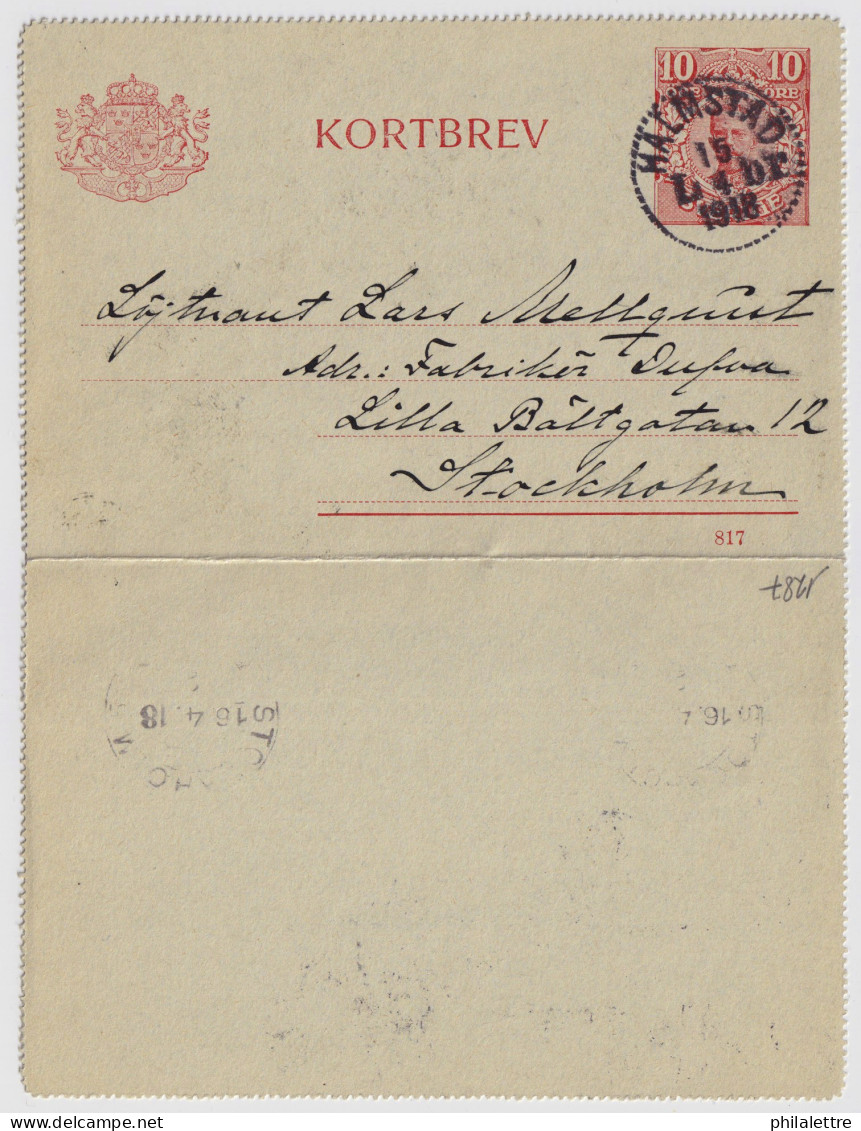 SUÈDE / SWEDEN - 1918 - Letter-Card Mi.K13 10ö Red (d.817) Used HALMSTAD To STOCKHOLM - Postwaardestukken