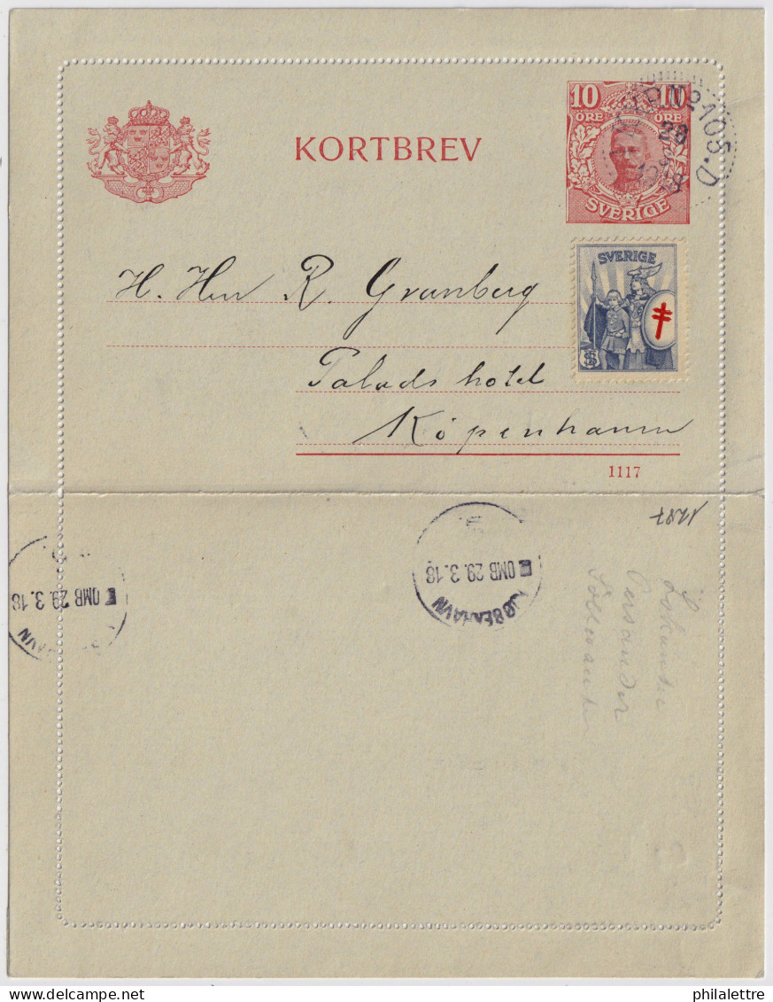 SUÈDE / SWEDEN - 1918 - Letter-Card Mi.K13 10ö Red (d.1117) + Anti-Tuberculosis Label - Used  To COPENHAGEN, Denmark - Enteros Postales