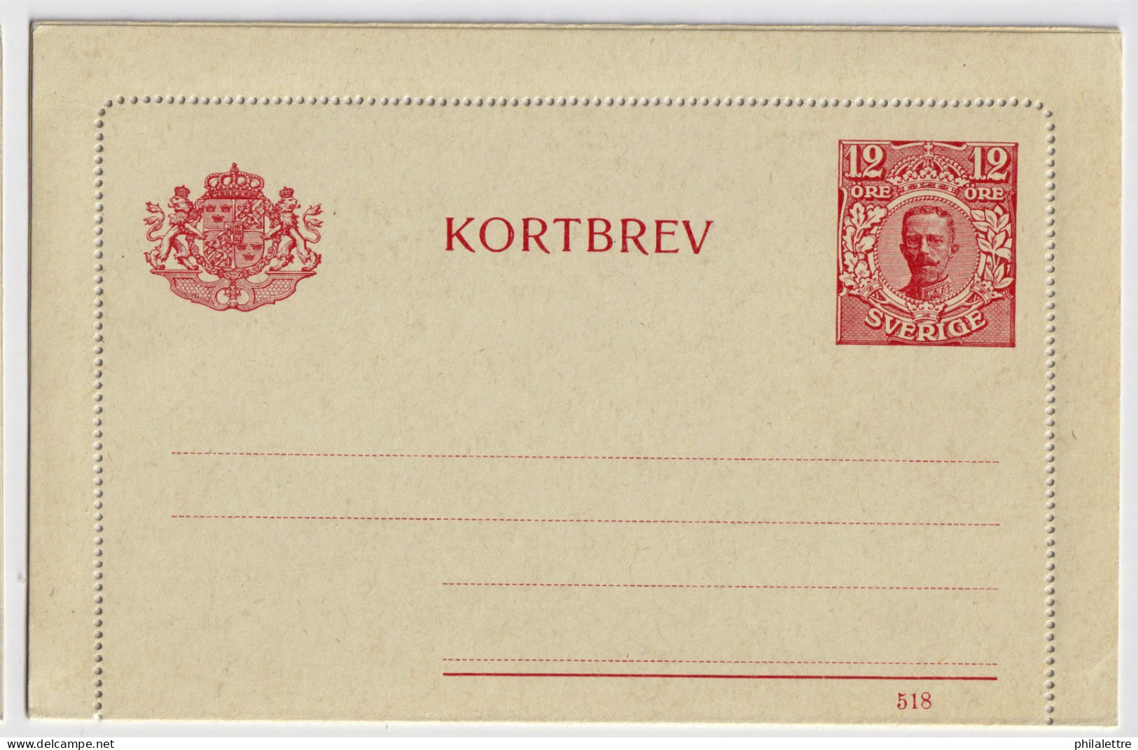 SUÈDE / SWEDEN - 1918 - Letter-Card Mi.K14 12ö Red (d.518) Unused - Very Fine - Ganzsachen