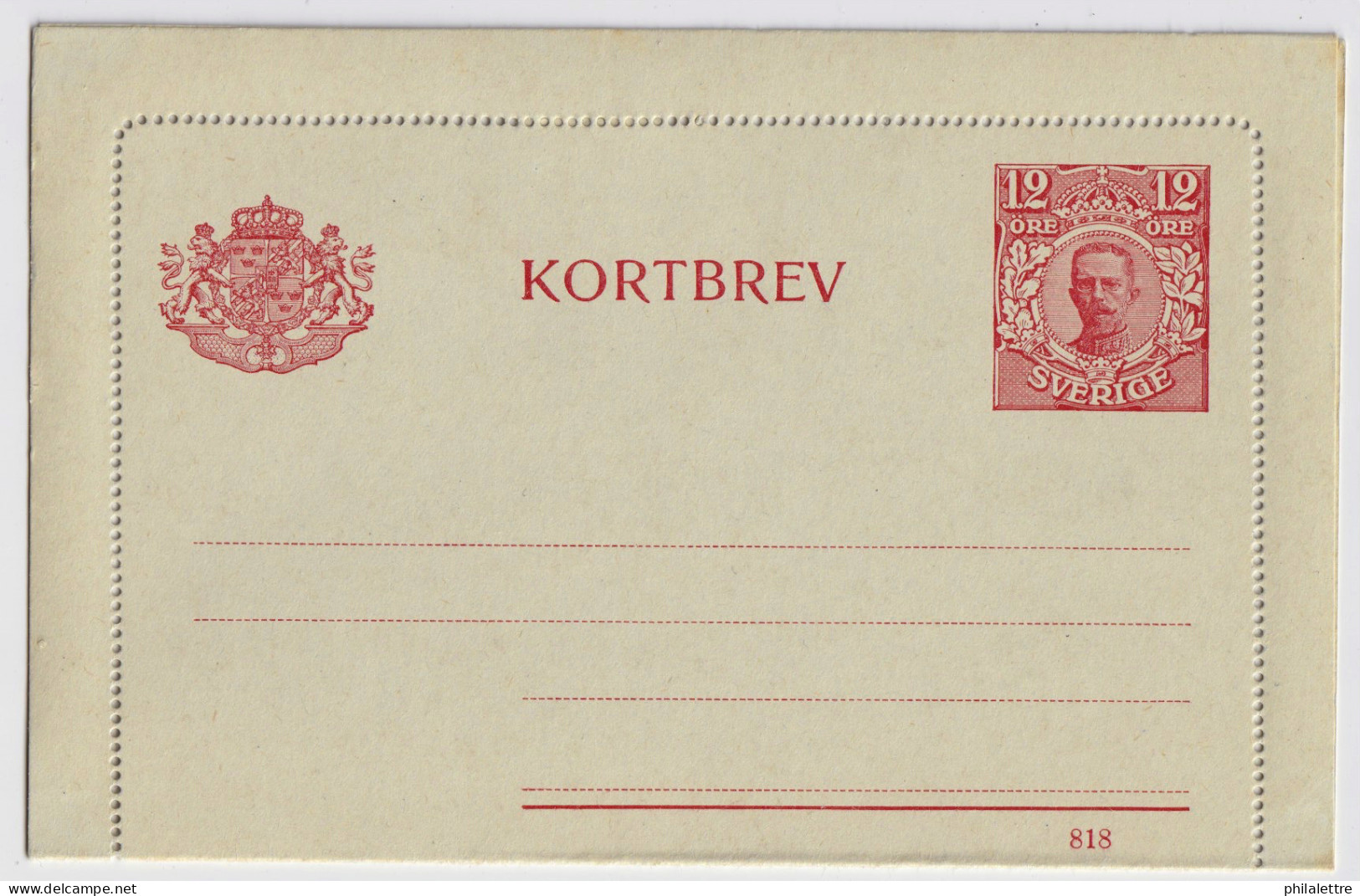 SUÈDE / SWEDEN - 1918 - Letter-Card Mi.K14 12ö Red (d.818) Unused - Very Fine - Enteros Postales