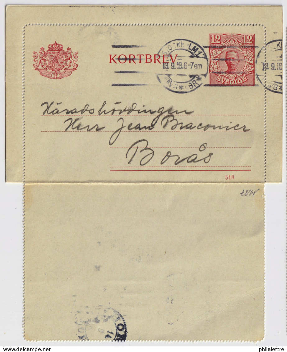 SUÈDE / SWEDEN - 1918 - Letter-Card Mi.K14 12ö Red (d.518) Used From STOCKHOLM To BORÅS - Enteros Postales