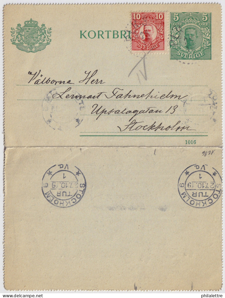 SUÈDE / SWEDEN - 1919 - Letter-Card Mi.K11 5ö Green (d.1016) +Facit 82 From VISBY To STOCKHOLM - Postal Stationery