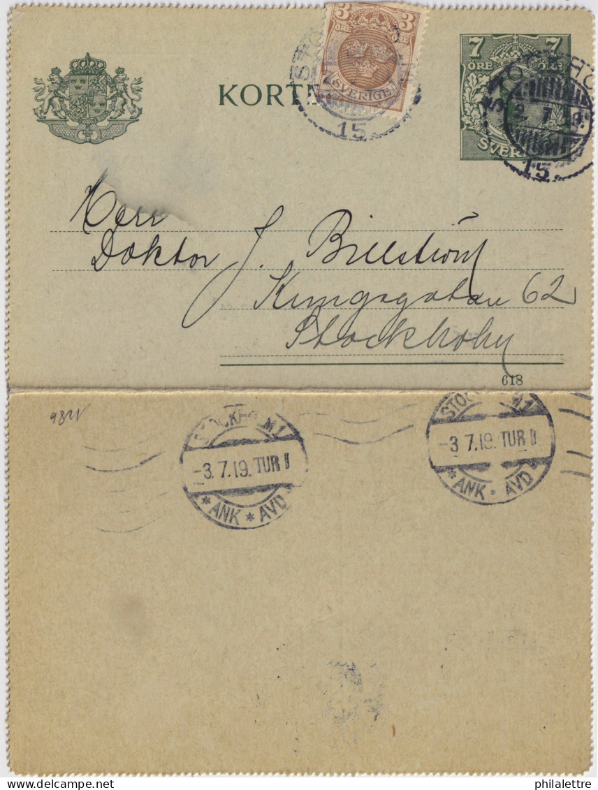 SUÈDE / SWEDEN - 1919 - Letter-Card Mi.K12 7ö Grey-green (d.618) +Facit 73 (defect) Used In STOCKHOLM - Re-printed - Enteros Postales