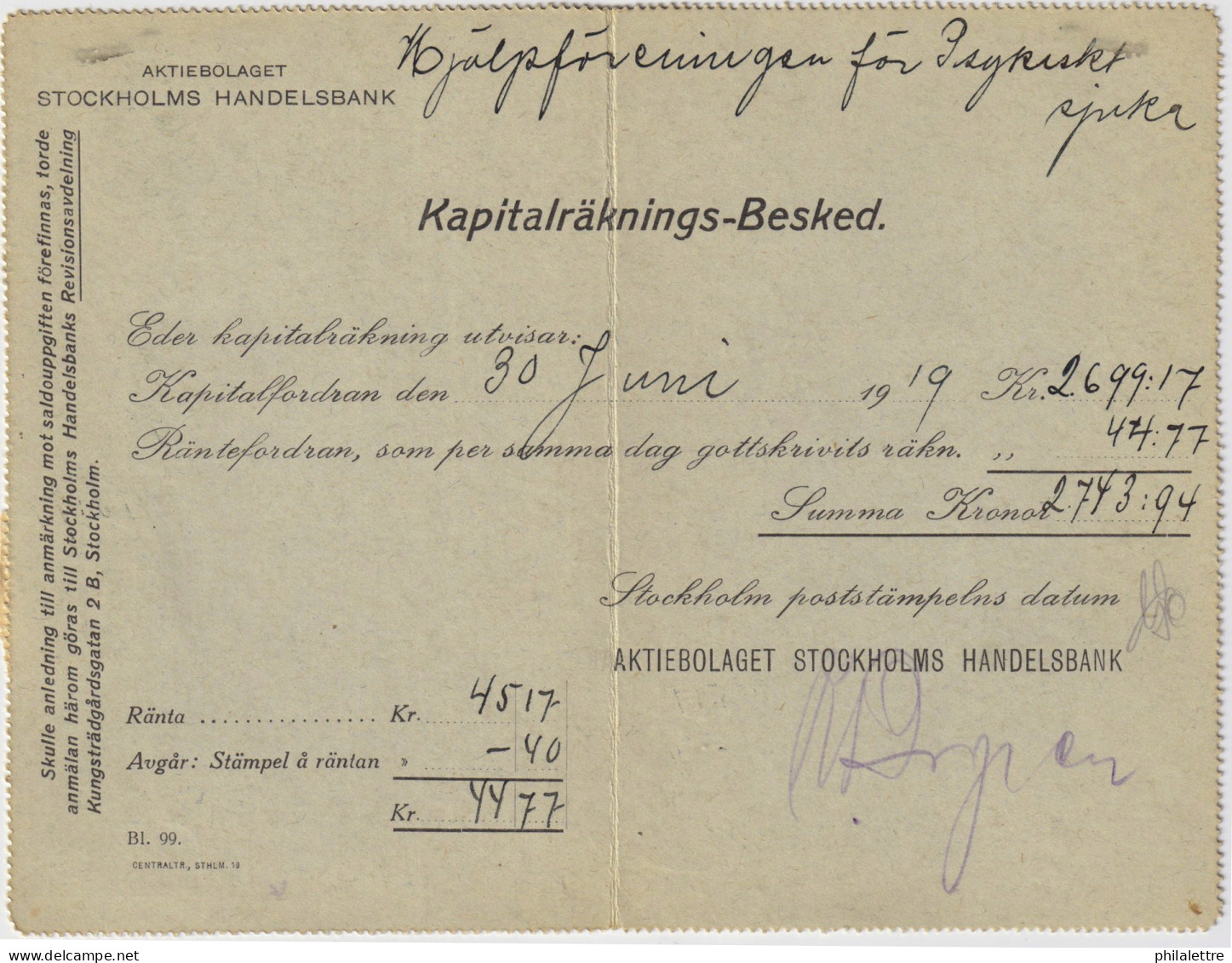 SUÈDE / SWEDEN - 1919 - Letter-Card Mi.K12 7ö Grey-green (d.618) +Facit 73 (defect) Used In STOCKHOLM - Re-printed - Postal Stationery