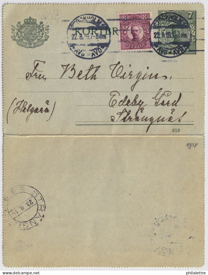 SUÈDE / SWEDEN - 1919 - Letter-Card Mi.K12 7ö Grey-green (d.618) Uprated Facit 81 Used From STOCKHOLM To STRÄNGNÄS - Postal Stationery