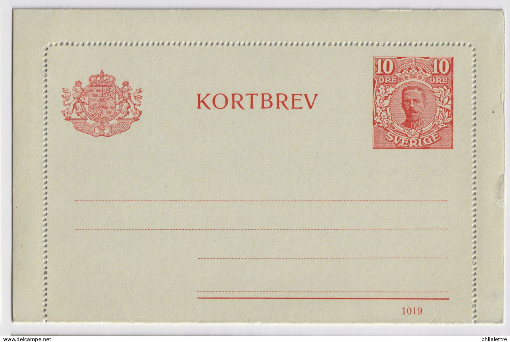 SUÈDE / SWEDEN - 1919 - Letter-Card Mi.K13 10ö Red (d.1019) Unused - Very Fine - Postal Stationery